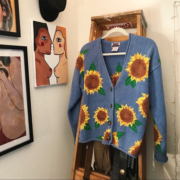 Vintage Ramie Sunflower Knit Cardigan 